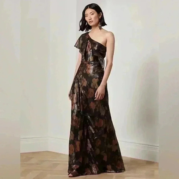 Ralph Lauren Collection Chiffon Evening Gown Floral One Shoulder Ruffle Dress 10 - Picture 8 of 13
